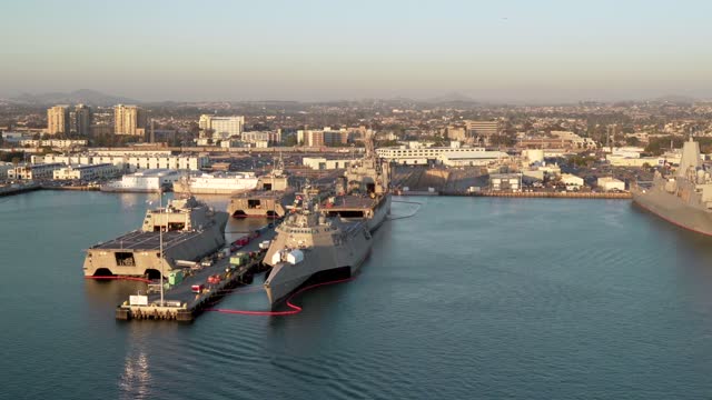 Aerial view of the harbor, the skyline and boats in San Diego.