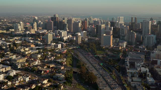 Aerial view of the downtown streets, the skyline and the bay in Downtown San Diego.