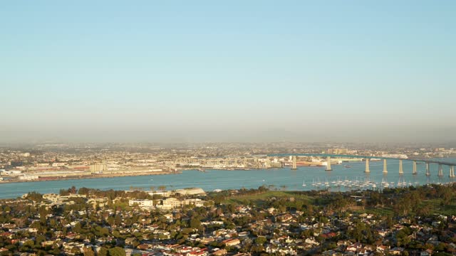Aerial view of the harbor, the bridge and boats at Coronado Beach.