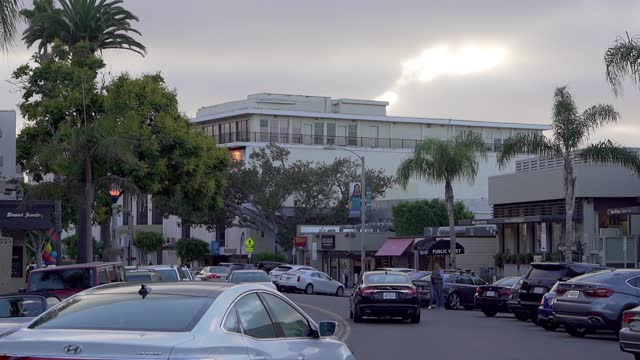 The downtown streets, palm trees and the buildings at La Jolla Village, with people walking.