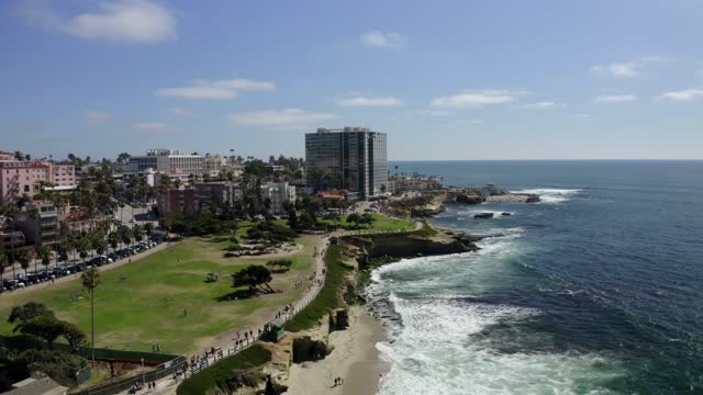 Aerial view of the cliffs, palm trees and the ocean at La Jolla Cove, with people walking.