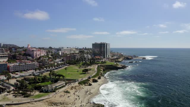 Aerial view of the beach, palm trees and the ocean at La Jolla Cove, with people walking.