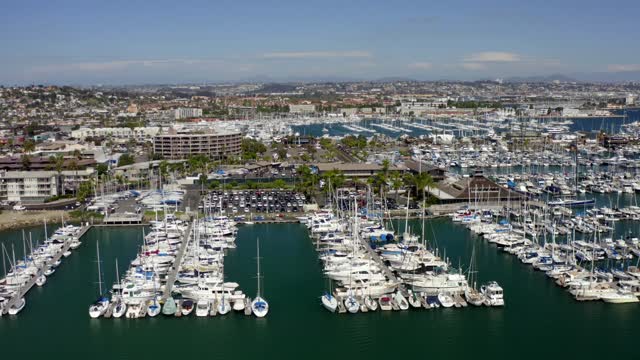 Aerial view of the harbor, boats and palm trees in Point Loma.