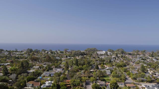 Aerial view of a residential street, the ocean and homes in Point Loma.