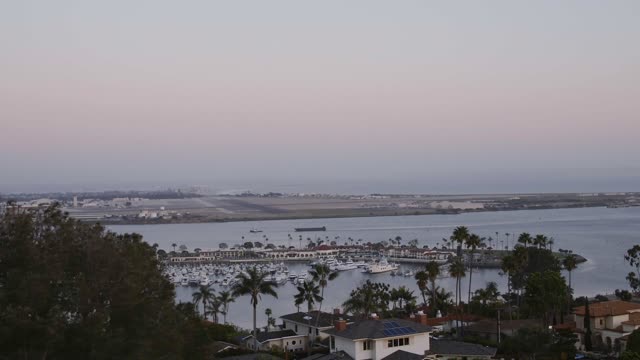 Elevated view of the harbor, boats and palm trees in Point Loma, with boats out.