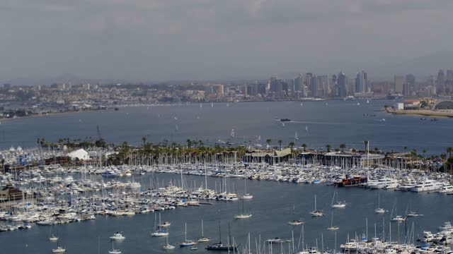 Aerial view of the harbor, the skyline and boats in Point Loma, with boats out.