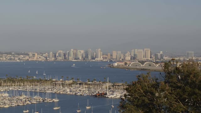 Elevated view of the harbor, the skyline and boats in Point Loma, with boats out.