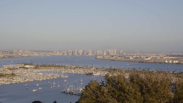 Elevated view of the harbor, the skyline and boats in Point Loma, with boats out.