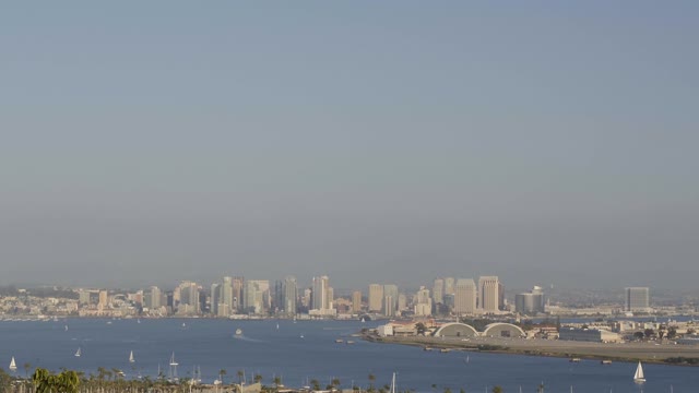Elevated view of the harbor, the skyline and boats in Point Loma, with boats out.