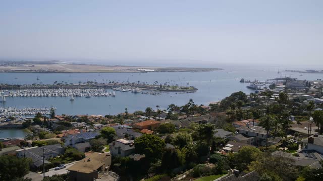 Aerial view of the harbor, boats and palm trees in Point Loma, with boats out.