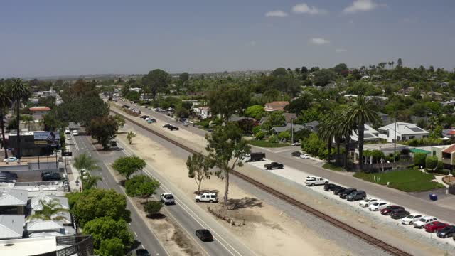 Low aerial view of a residential street, palm trees and homes at Leucadia.