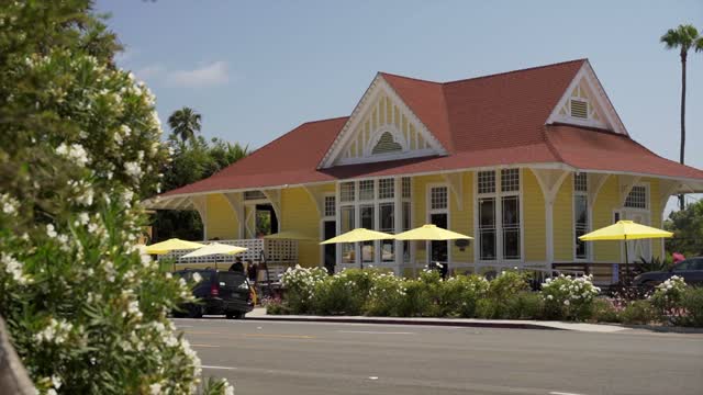 The downtown streets, palm trees and the buildings at Leucadia.