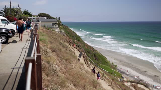 Elevated view of the cliffs, the surf and the ocean at Leucadia, with people walking.