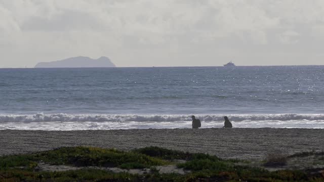 The beach, the surf and boats at Coronado Beach, with people walking.