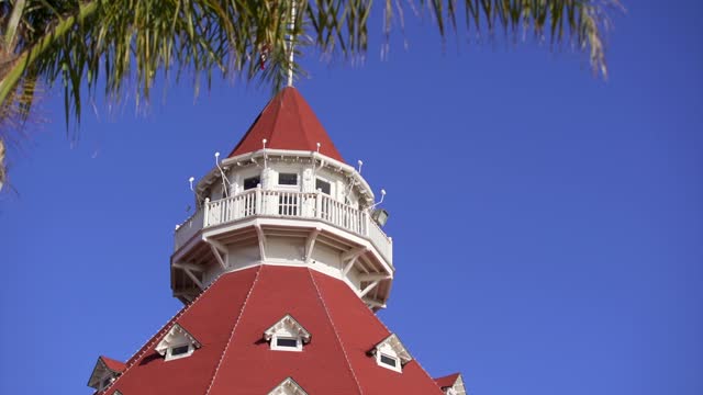 The downtown streets, palm trees and the buildings at Coronado Beach.