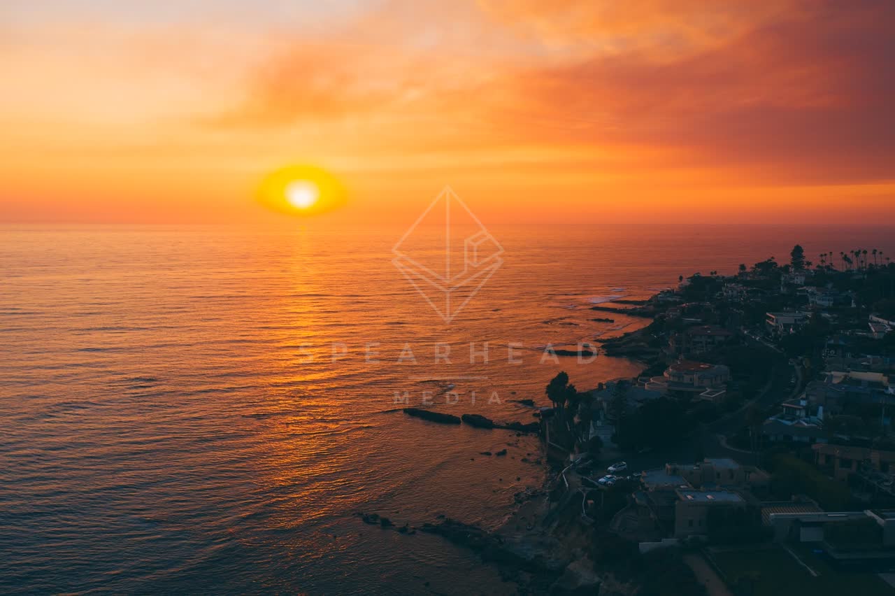 Aerial view of the cliffs, palm trees and the ocean at Bird Rock.