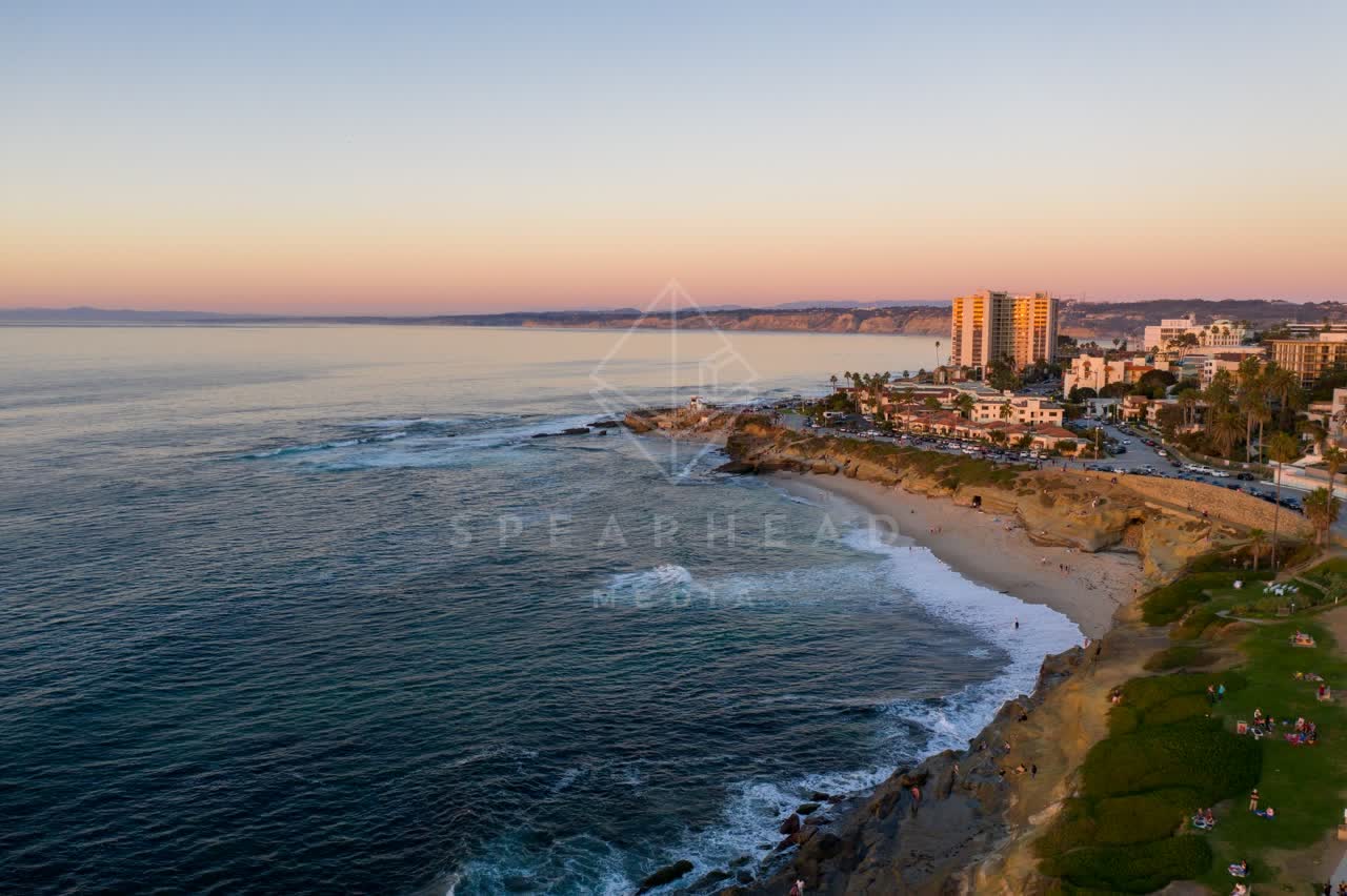 Aerial view of the cliffs, palm trees and the ocean at La Jolla Cove.