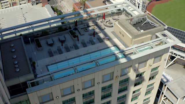Aerial view of the downtown streets, the buildings and the city at Gaslamp.