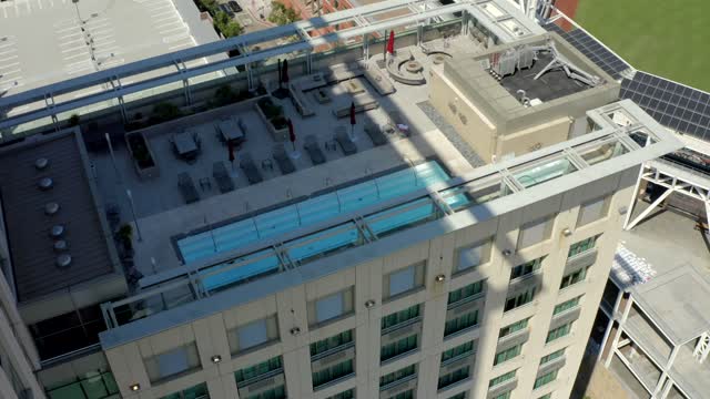 Aerial view of the downtown streets, the buildings and the city at Gaslamp.