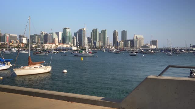 The harbor, the skyline and boats at Waterfront.