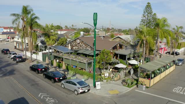 Low aerial view of a residential street, palm trees and homes in North Park.