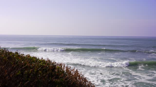 Elevated view of the cliffs, the surf and the ocean at Bird Rock, with surfers out.