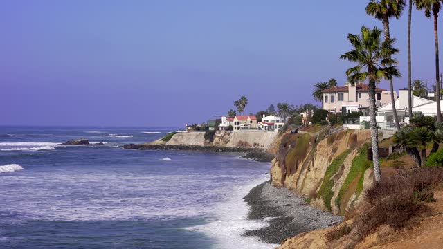 Elevated view of the cliffs, the surf and palm trees at Bird Rock.