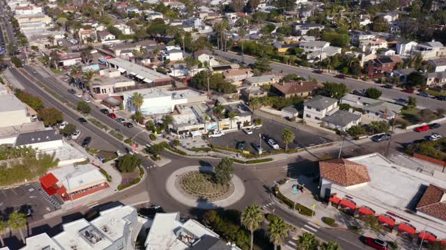Aerial view of a residential street, palm trees and homes at Bird Rock, with people walking.