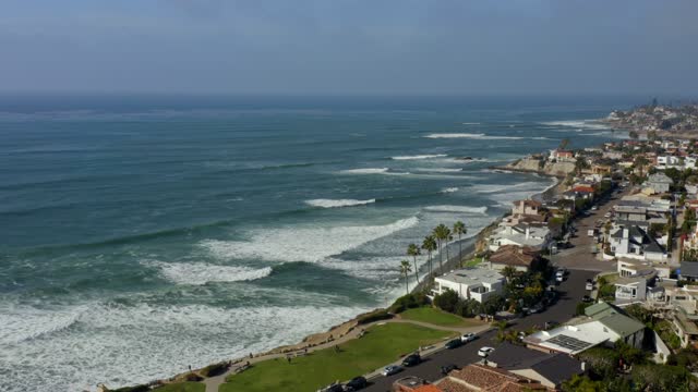 Aerial view of the beach, the surf and palm trees at Bird Rock, with people walking.