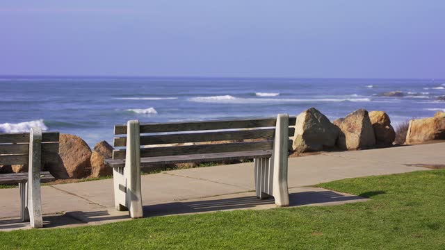 A park, the surf and the ocean at Bird Rock.
