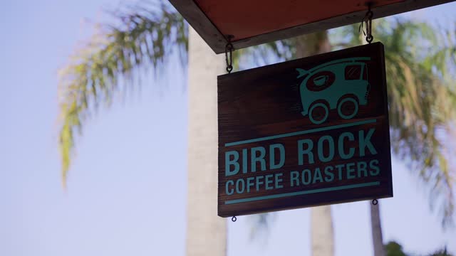 Close view of the downtown streets, palm trees and the buildings at Bird Rock.