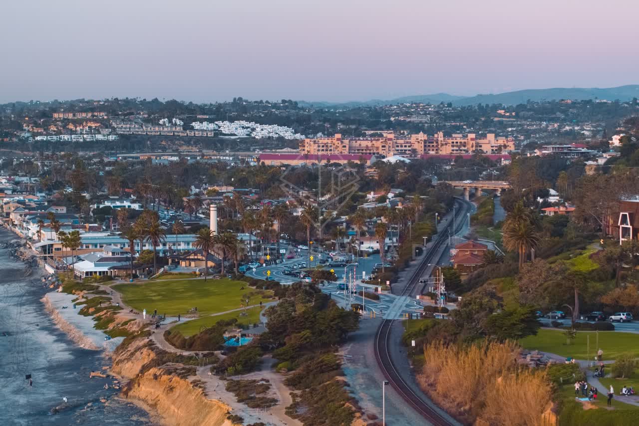 Aerial view of a residential street, palm trees and the ocean in Del Mar.