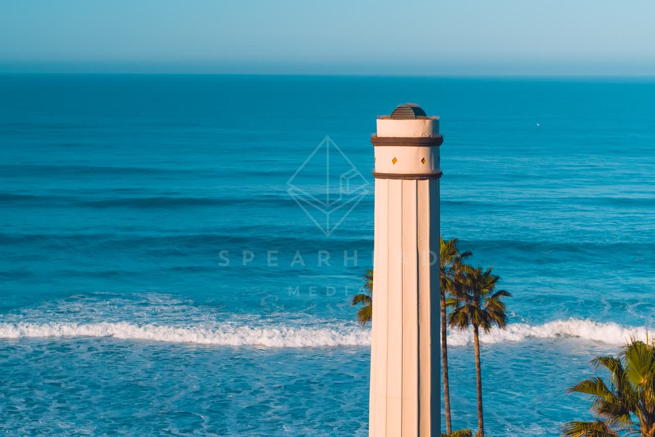 Elevated view of the beach, the surf and palm trees in Del Mar.