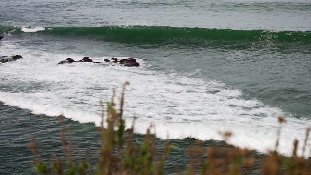 Elevated view of the cliffs, the surf and the ocean at La Jolla Cove.