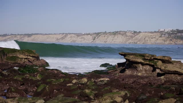 The cliffs, the surf and the ocean at La Jolla Cove.