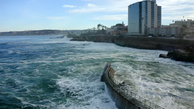 Low aerial view of the cliffs, the surf and palm trees at La Jolla Cove.