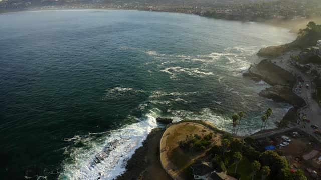 Aerial view of the cliffs, the surf and palm trees at La Jolla Cove.
