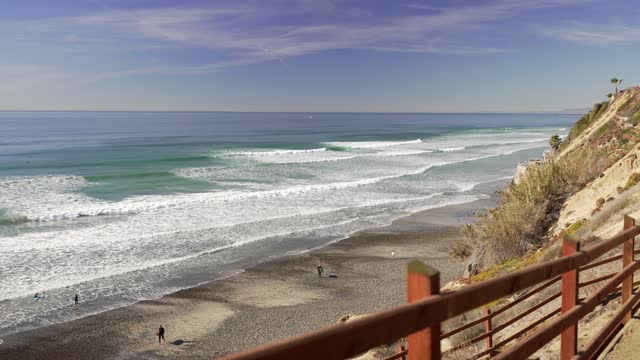 Elevated view of the cliffs, the surf and the ocean at Leucadia, with people walking.