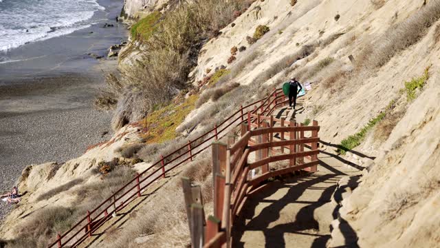 Elevated view of the cliffs, the surf and the ocean at Leucadia, with people walking.
