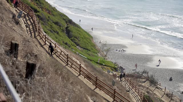 Elevated view of the cliffs, the surf and the ocean at Leucadia, with people walking.