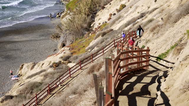 Elevated view of the cliffs, the surf and the ocean at Leucadia, with people walking.