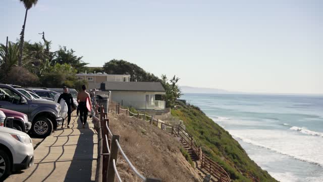 Elevated view of the cliffs, the surf and palm trees at Leucadia, with people walking.