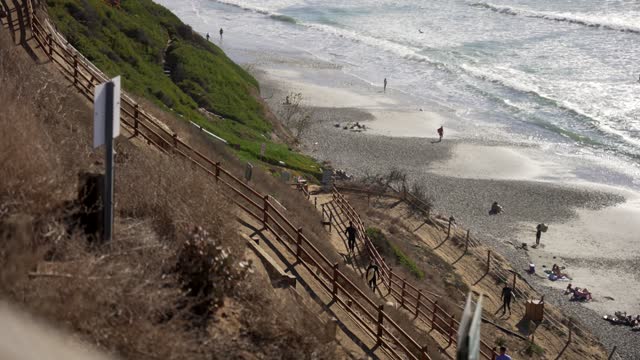 Elevated view of the cliffs, the surf and the ocean at Leucadia, with people walking.