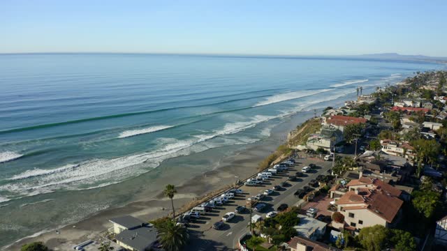 Aerial view of the beach, the surf and palm trees at Leucadia.
