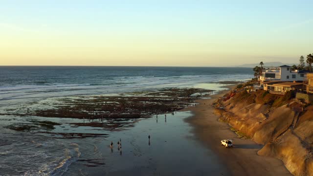 Low aerial view of the beach, palm trees and the ocean in Carlsbad, with people walking.