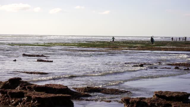 The beach, the surf and the ocean in Carlsbad, with people walking.