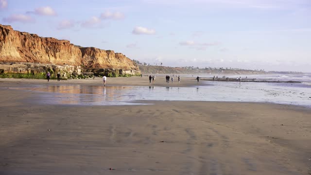 The beach, the ocean and the cliffs in Carlsbad, with people walking.