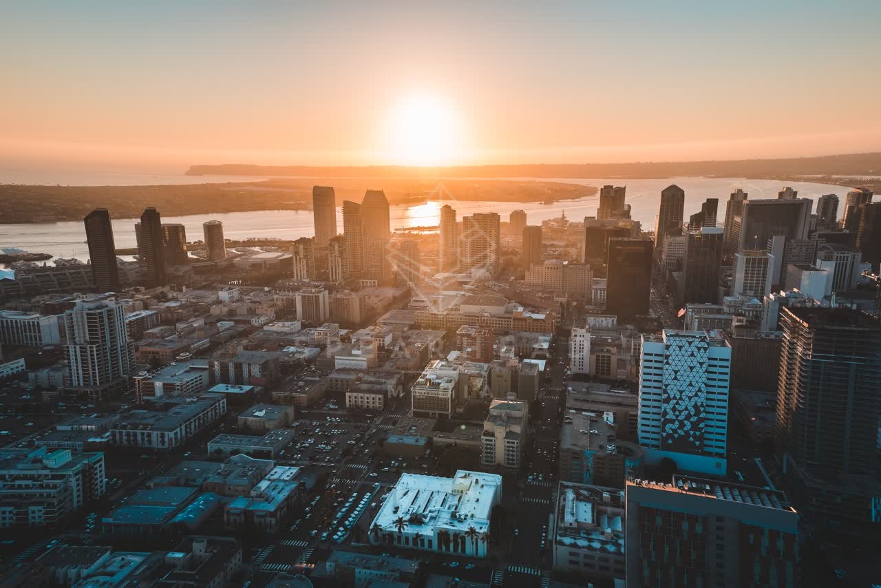 Aerial view of the downtown streets, the skyline and boats at San Diego Marina.