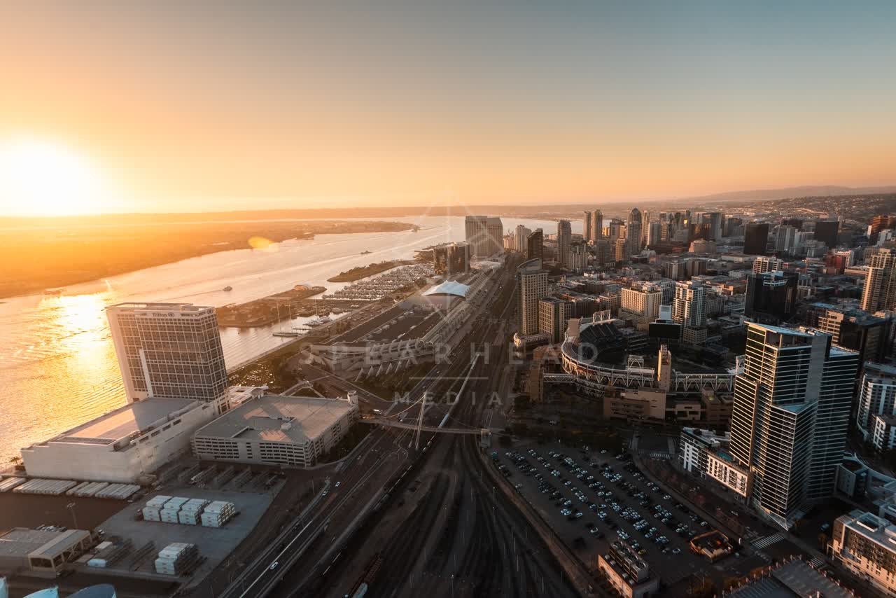 Aerial view of the downtown streets, the skyline and boats at San Diego Marina.