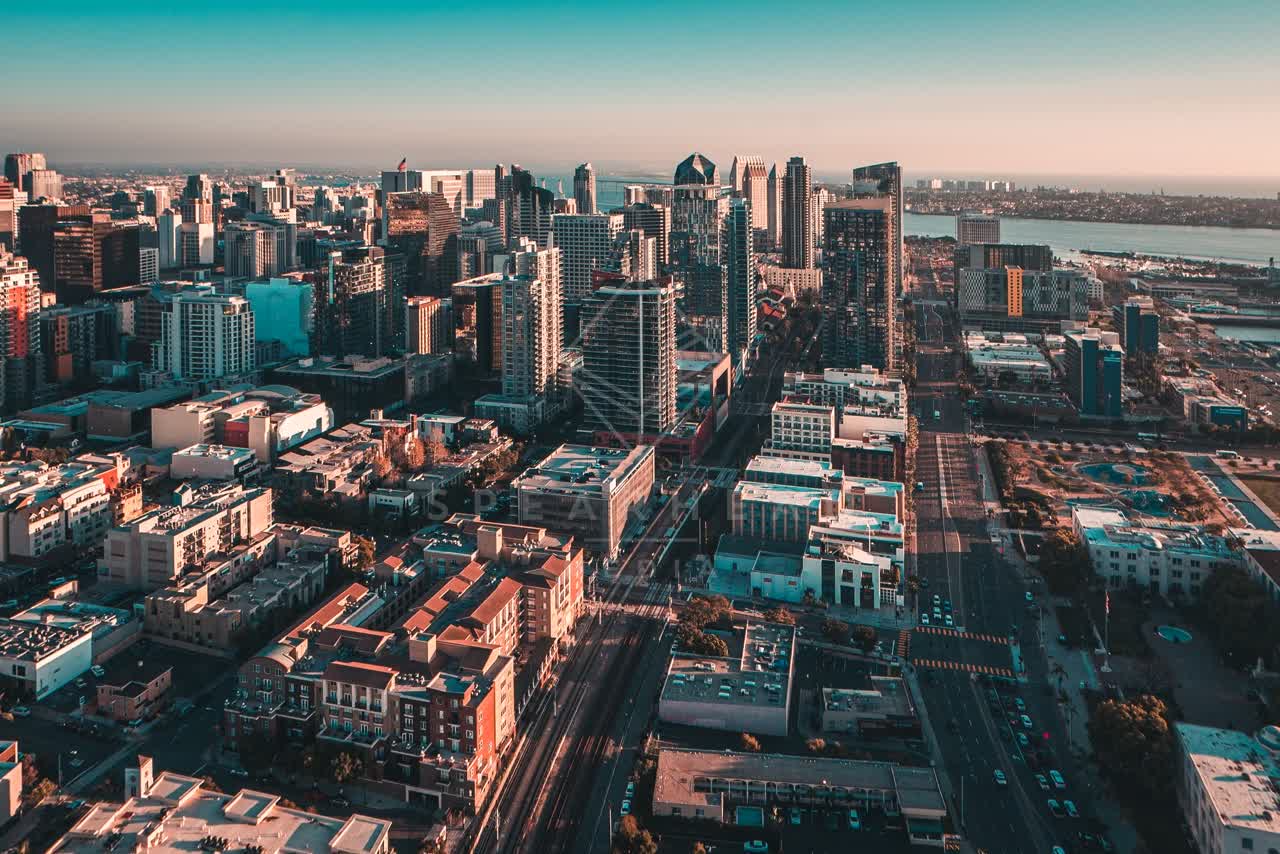 Aerial view of the downtown streets, the skyline and the bay at San Diego Marina.